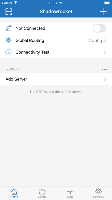 Shadowrocket 홈. Not Connected, Global Routing은 Config, 서버 목록은 비어 있음