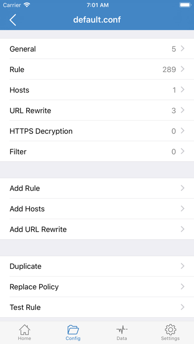 default.conf 編集。Rule は 289。ほかに Hosts と URL Rewrite