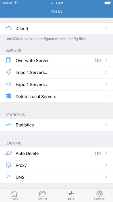 Data. iCloud 백업, 서버 가져오기/내보내기, 통계와 로그