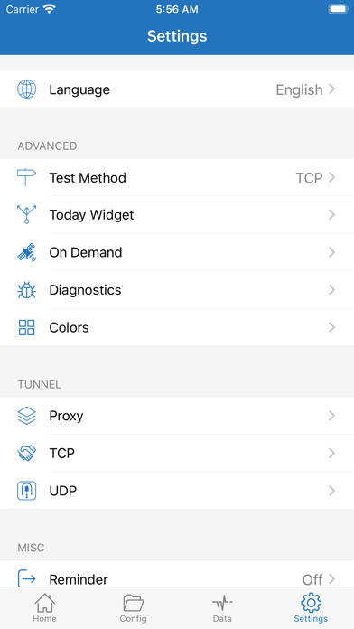 Settings 홈. Language, Test Method, On Demand, Diagnostics, Tunnel