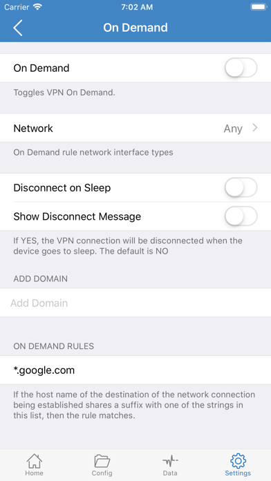 On Demand settings, master switch off, example rule *.google.com