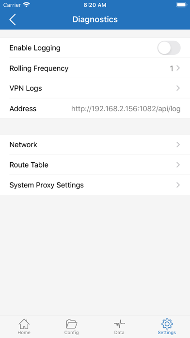 Diagnostics. Enable Logging, VPN Logs, Route Table, System Proxy Settings